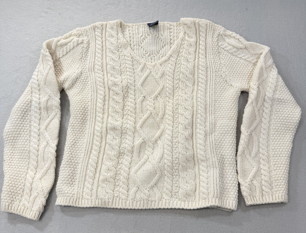 Paul James 100% Wool Cable Knit Sweater Large Ivory V-Neck Fisherman Jumper